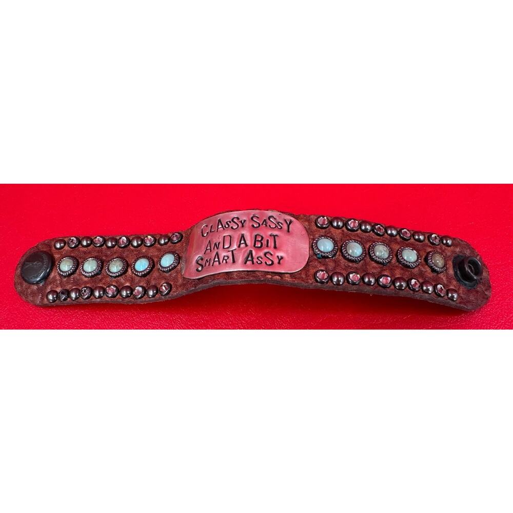 The Rowdy Cowgirl Leather Turquoise Rhinestone Classy Sassy Cuff Bracelet NWT - Picture 8 of 15